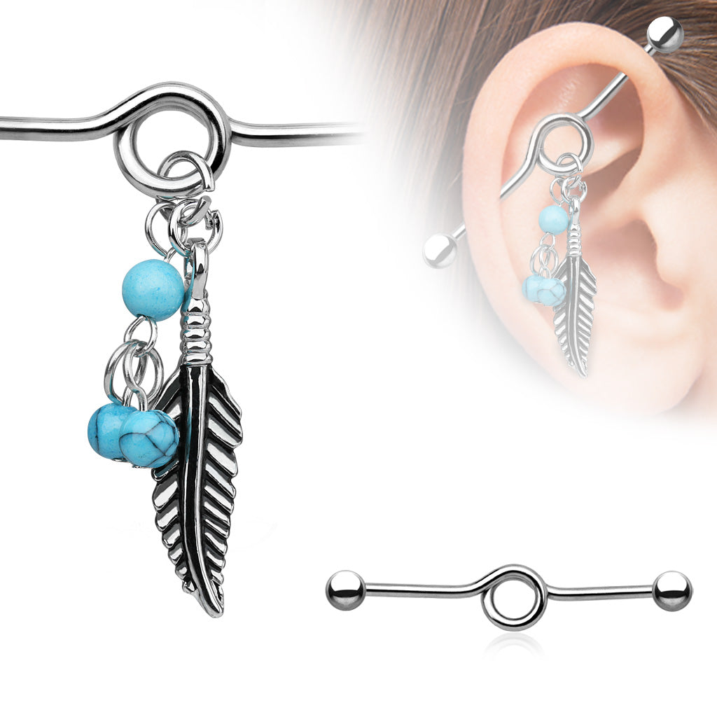 Industrial TRIBAL FEATHER mit Turquoise Stone Imitaten - Ohrschmuck aus 316L Chirurgenstahl