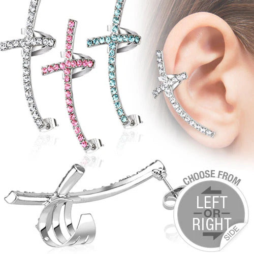 Ear Cuff CRYSTAL CROSS - 316L Chirurgenstahl in Silber mit Kristallen - Ohrschmuck