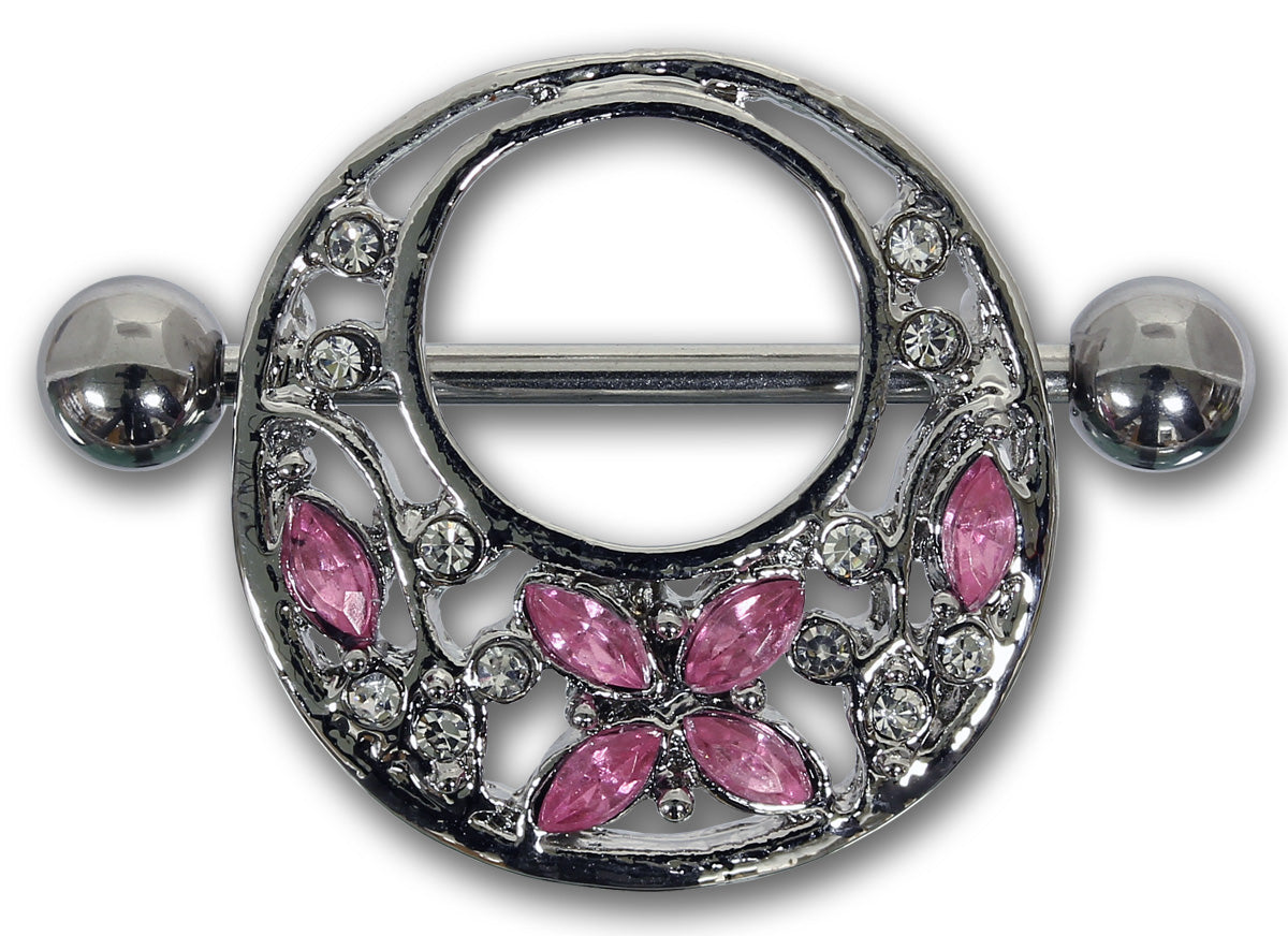 Brustwarzenpiercing FLOWER AND BUTTERFLY - 316L Chirurgenstahl - mit Kristallen in rosa - Nipple Shield