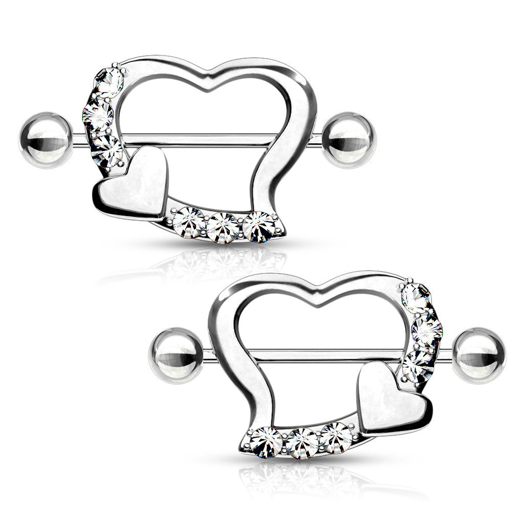 1 Paar Brustwarzenpiercings HERZ MIT KRISTALLEN klar - 316L Chirurgenstahl - Nipple Shield