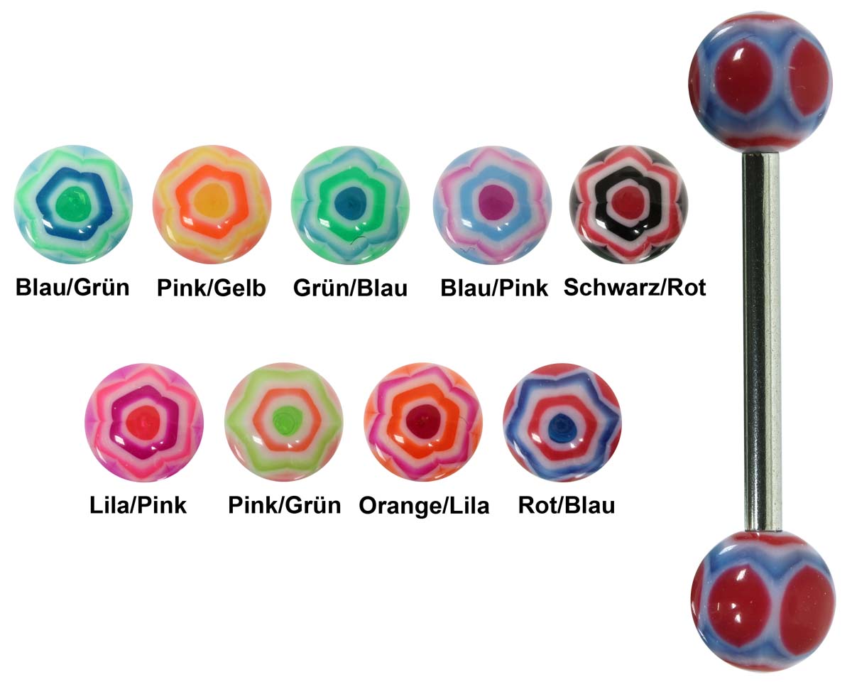 Zungenpiercing SPIDER WEB aus 316L Chirurgenstahl und bunten Kugeln aus Acryl