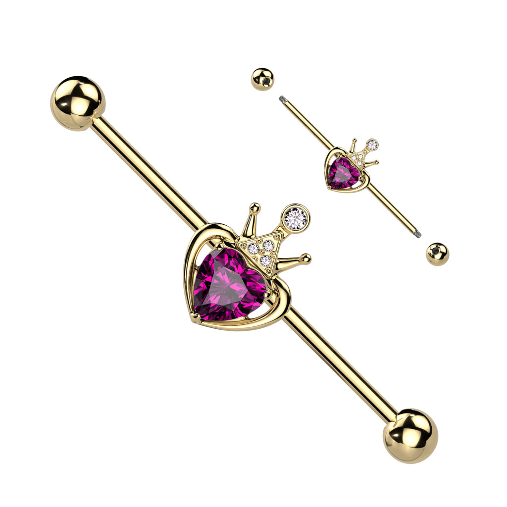 Industrial KRONE UND ROSA HERZ - Ohrschmuck aus 316L Chirurgenstahl in gold