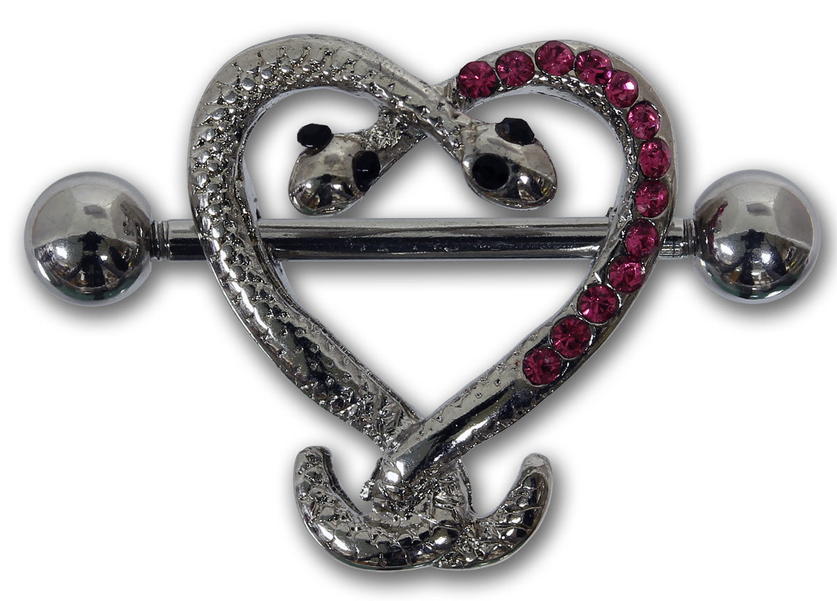 Brustwarzenpiercing SCHLANGEN - 316L Chirurgenstahl - rosa Kristalle - Nipple Shield
