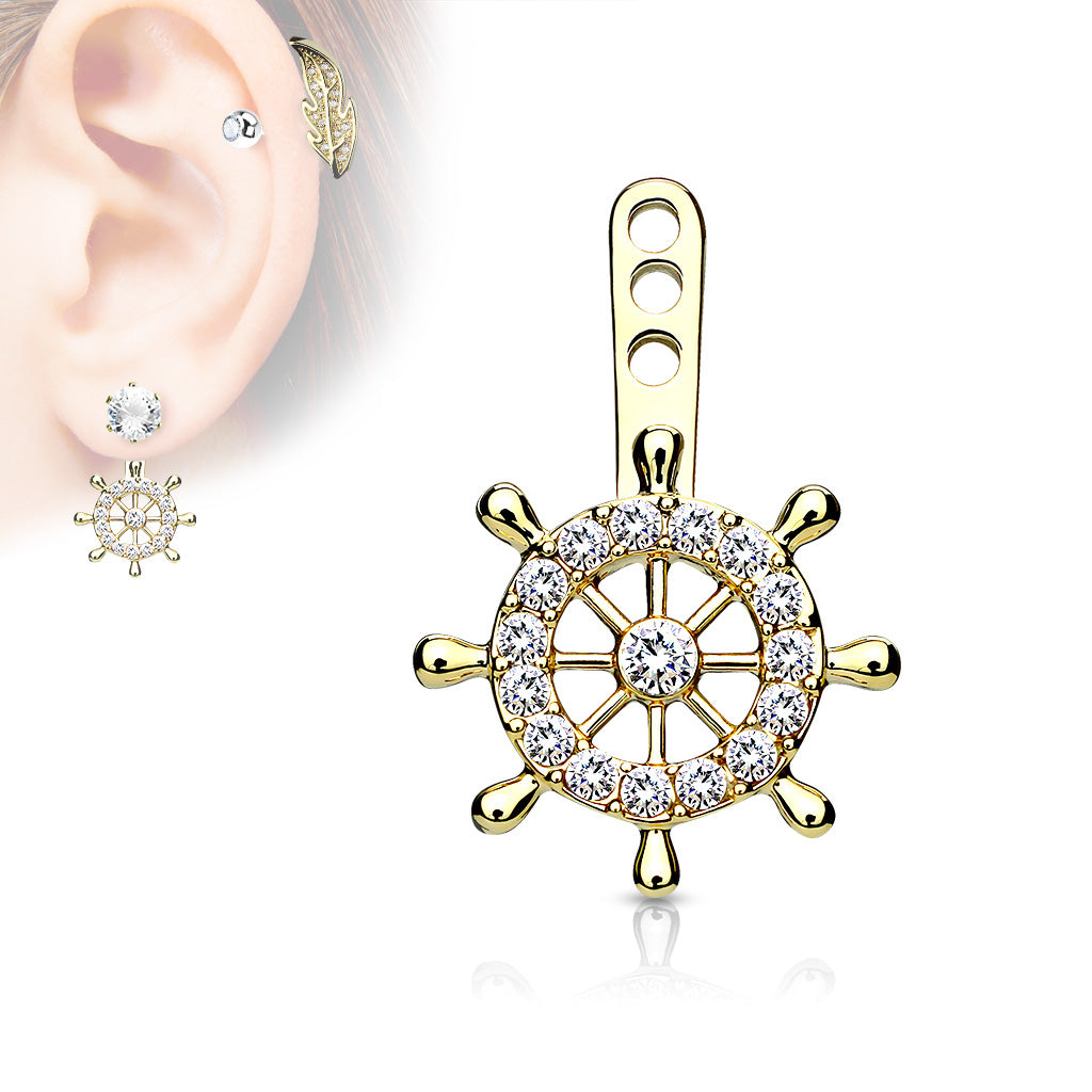 Ohrhänger STEUERRAD - Messing mit Rhodium/14Kt Gold-Überzug - Ear Jacket für Ohrstecker