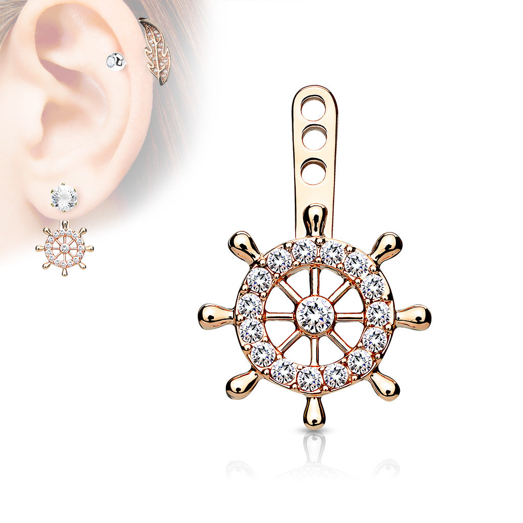 Ohrhänger STEUERRAD - Messing mit Rhodium/14Kt Gold-Überzug - Ear Jacket für Ohrstecker
