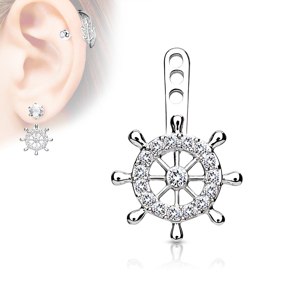 Ohrhänger STEUERRAD - Messing mit Rhodium/14Kt Gold-Überzug - Ear Jacket für Ohrstecker