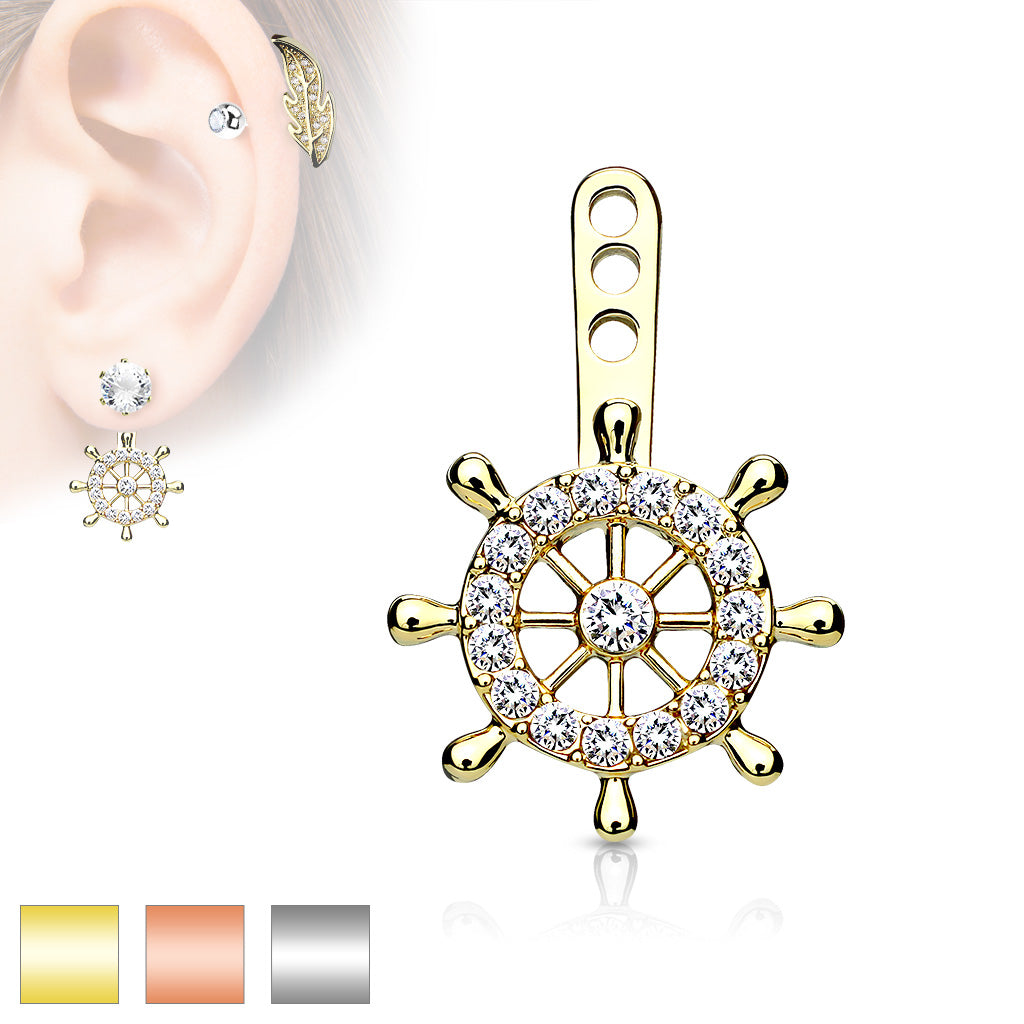 Ohrhänger STEUERRAD - Messing mit Rhodium/14Kt Gold-Überzug - Ear Jacket für Ohrstecker