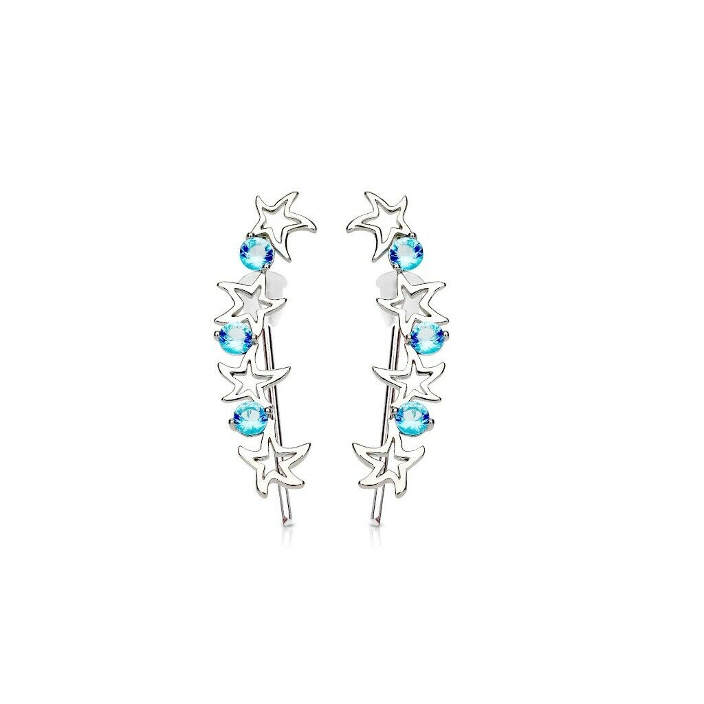 1 Paar Ear Crawler CRYSTAL STAR - Messing mit Rhodium-Überzug und Kristallen in Türkis - Ohrschmuck