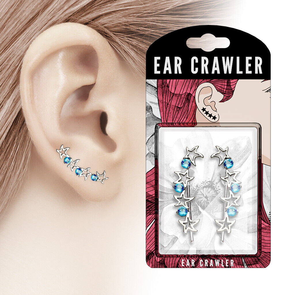 1 Paar Ear Crawler CRYSTAL STAR - Messing mit Rhodium-Überzug und Kristallen in Türkis - Ohrschmuck