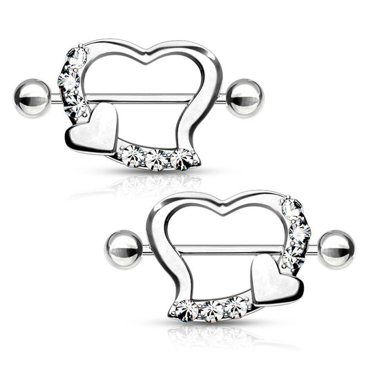 1 Paar Brustwarzenpiercings HERZ MIT KRISTALLEN klar - 316L Chirurgenstahl - Nipple Shield