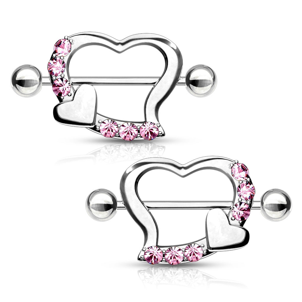 1 Paar Brustwarzenpiercings HERZ MIT KRISTALLEN rosa - 316L Chirurgenstahl - Nipple Shield