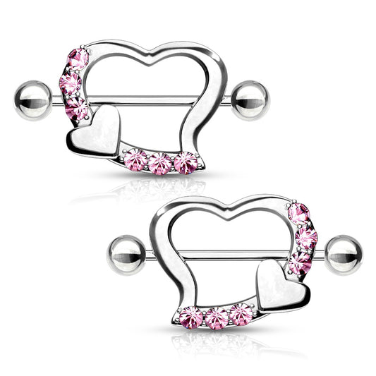 1 Paar Brustwarzenpiercings HERZ MIT KRISTALLEN rosa - 316L Chirurgenstahl - Nipple Shield