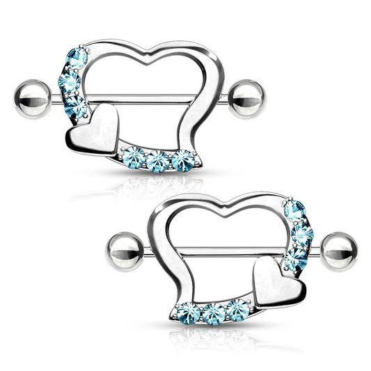 1 Paar Brustwarzenpiercings HERZ MIT KRISTALLEN türkis - 316L Chirurgenstahl - Nipple Shield