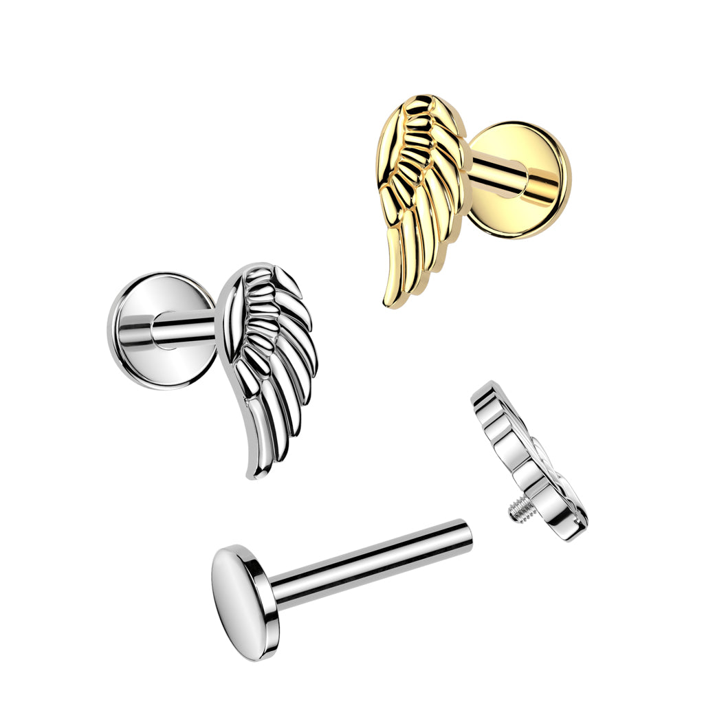 Labret ANGEL WING 1,2 mm - ASTM F136 Titan in Gold oder Silber - Piercing