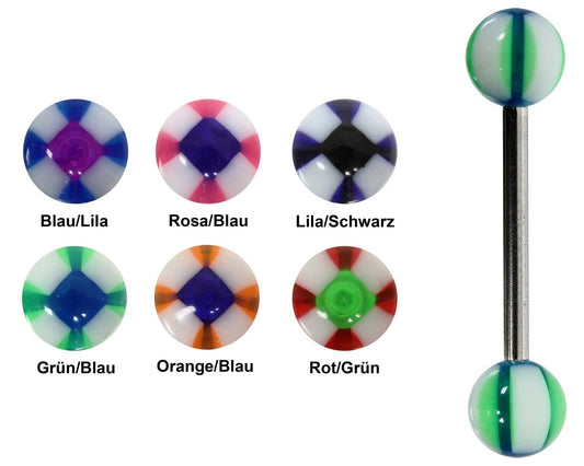 Zungenpiercing CROSS STRIPE aus 316L Chirurgenstahl und bunten Kugeln aus Acryl