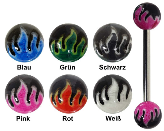 Zungenpiercing FEUER aus 316L Chirurgenstahl und bunten Kugeln aus Acryl