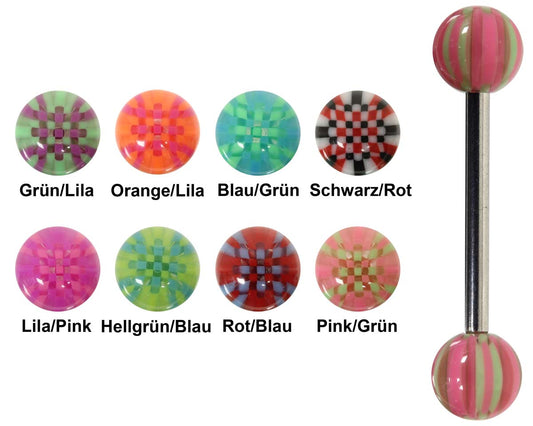 Zungenpiercing MINI CHECKER aus 316L Chirurgenstahl und bunten Kugeln aus Acryl