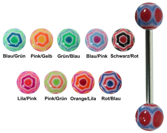 Zungenpiercing SPIDER WEB aus 316L Chirurgenstahl und bunten Kugeln aus Acryl